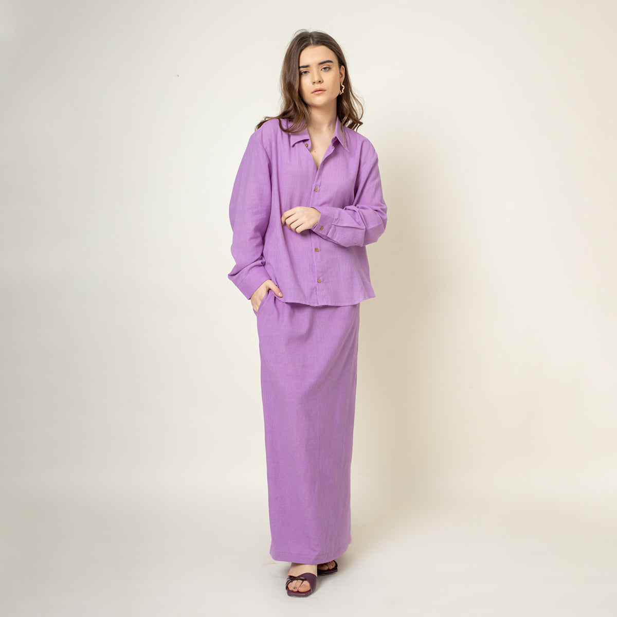 Cotton Co Ord Set | Shirt & Long Skirt | Solid | Purple