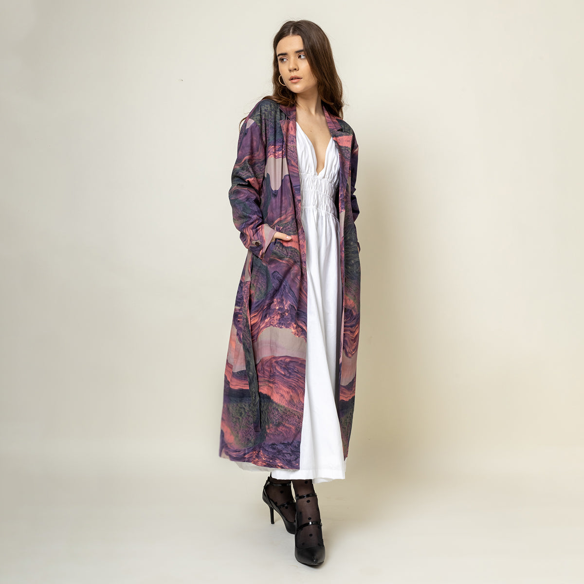 Upcycled Printed Trench Coat | Collared Neck | Purple