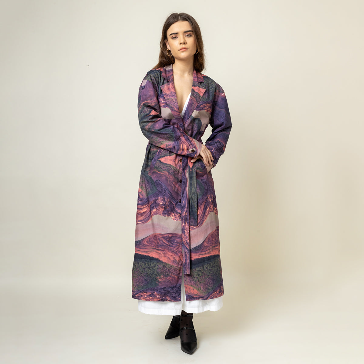 Upcycled Printed Trench Coat | Collared Neck | Purple