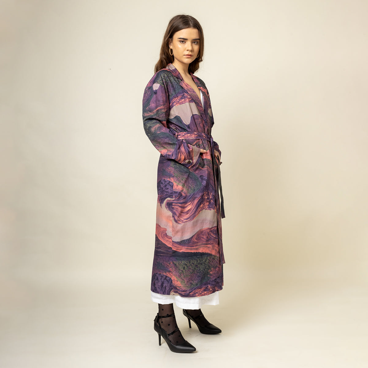 Upcycled Printed Trench Coat | Collared Neck | Purple