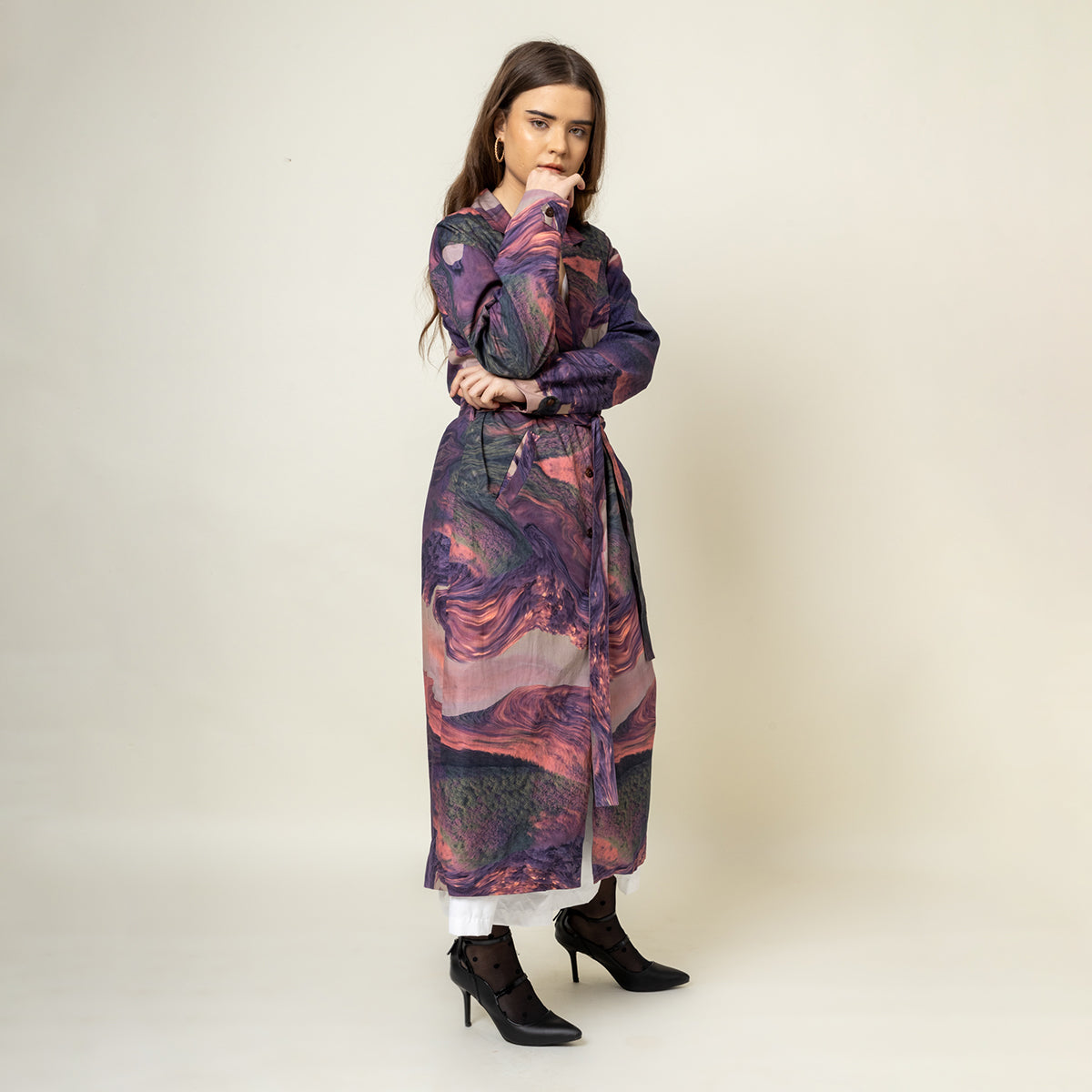 Upcycled Printed Trench Coat | Collared Neck | Purple