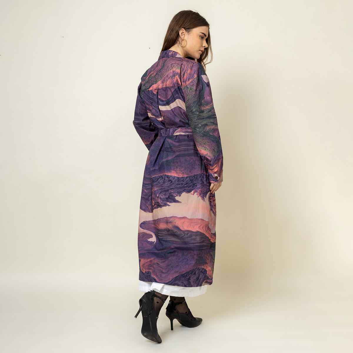 Upcycled Printed Trench Coat | Collared Neck | Purple