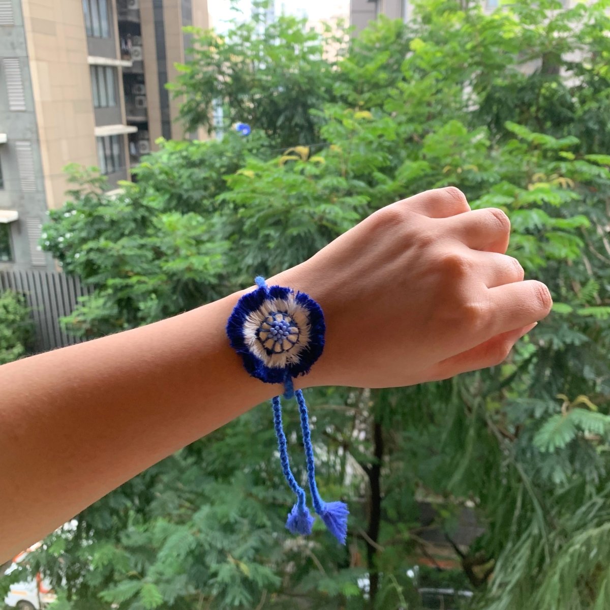 Dual Avtar Ikat Rakhi - Blue White | Reusable Ikat Rakhi