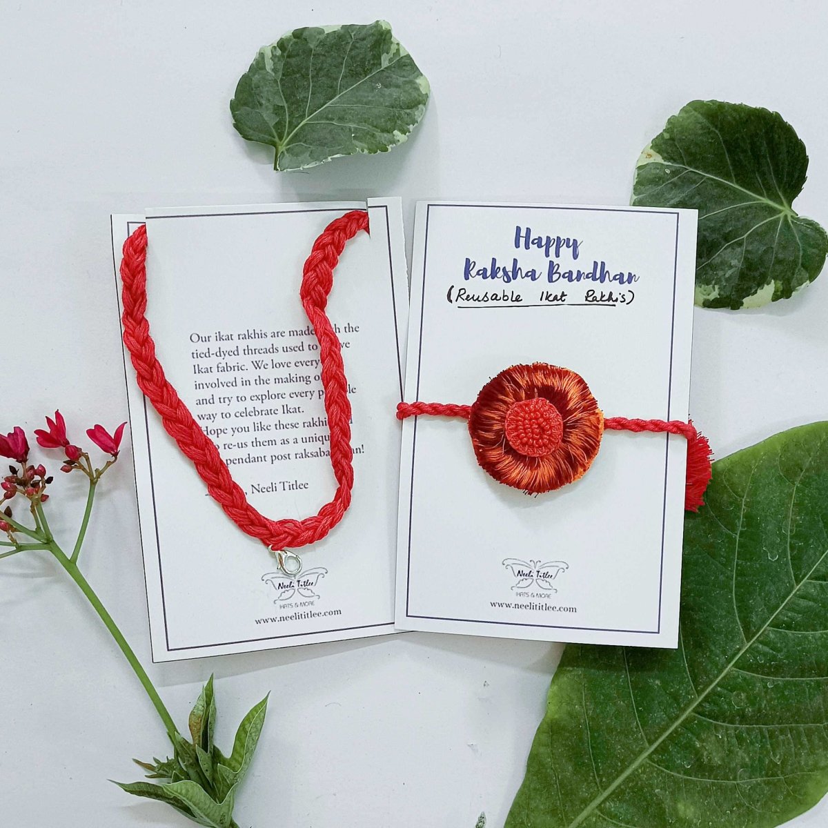 Dual Avtar Ikat Rakhi - Red Orange | Reusable Ikat Rakhi