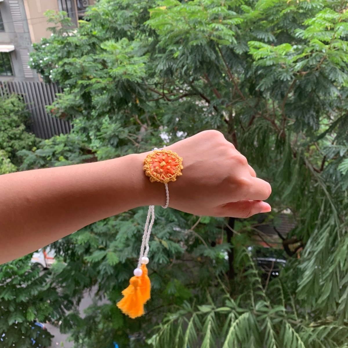 Dual Avtar Shibori Rakhi - Orange | Reusable Rakhi