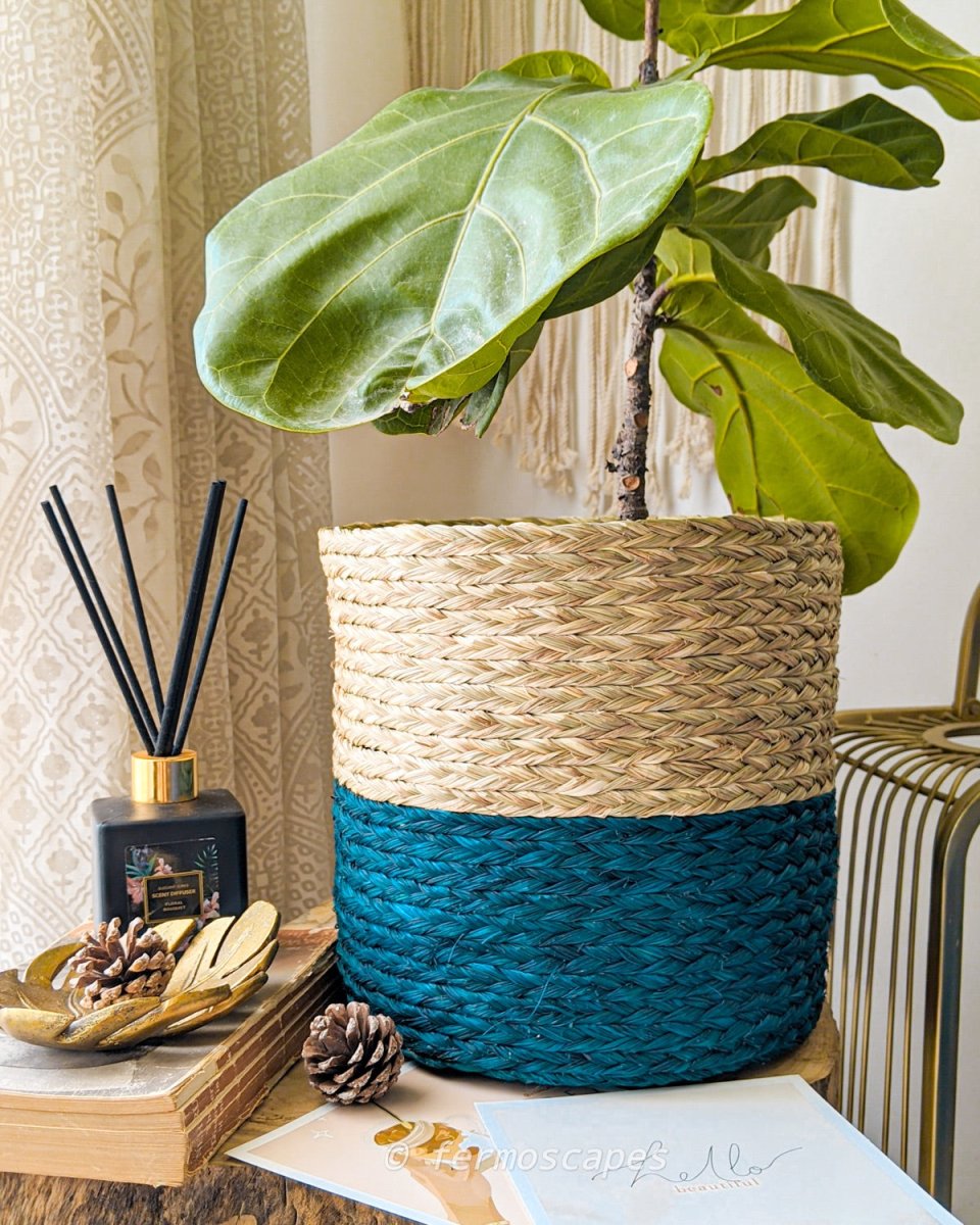 Dual Color Sabai Grass Planter - Natural & Royal Blue