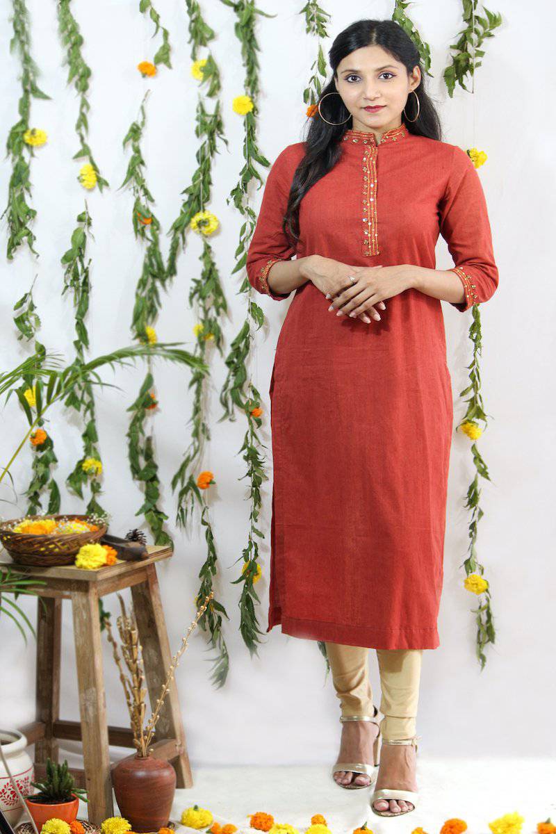 Embroidered Gold on Red Collared 3/4th sleeve Kurti