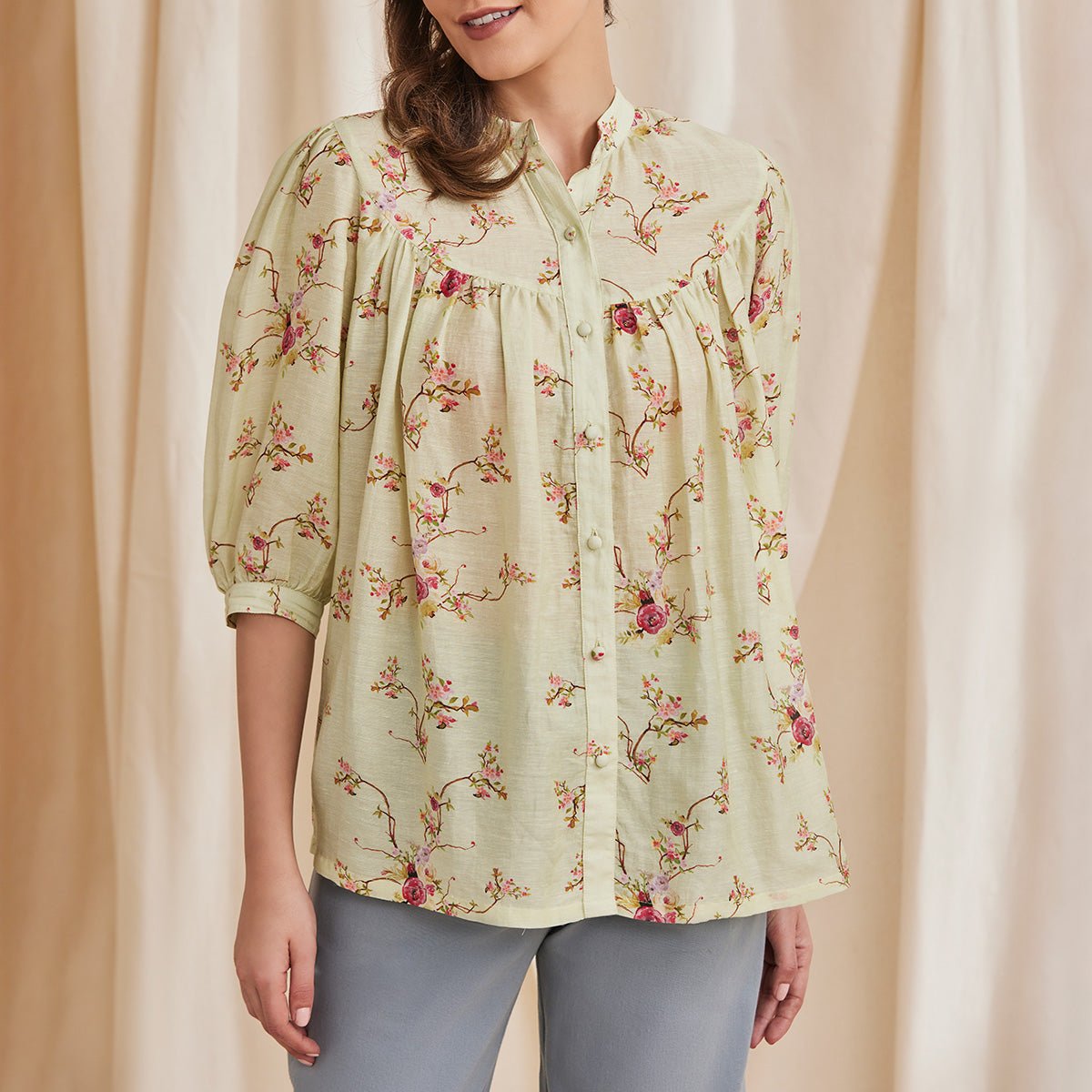 Erica - Floral Printed Bemberg Linen Shirt - Sage