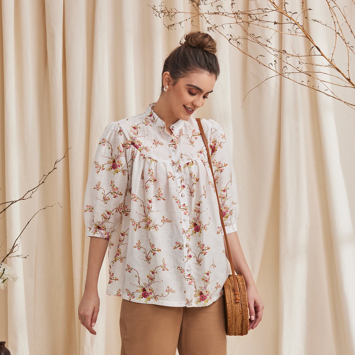 Erica - Floral Printed Bemberg Linen Shirt - White