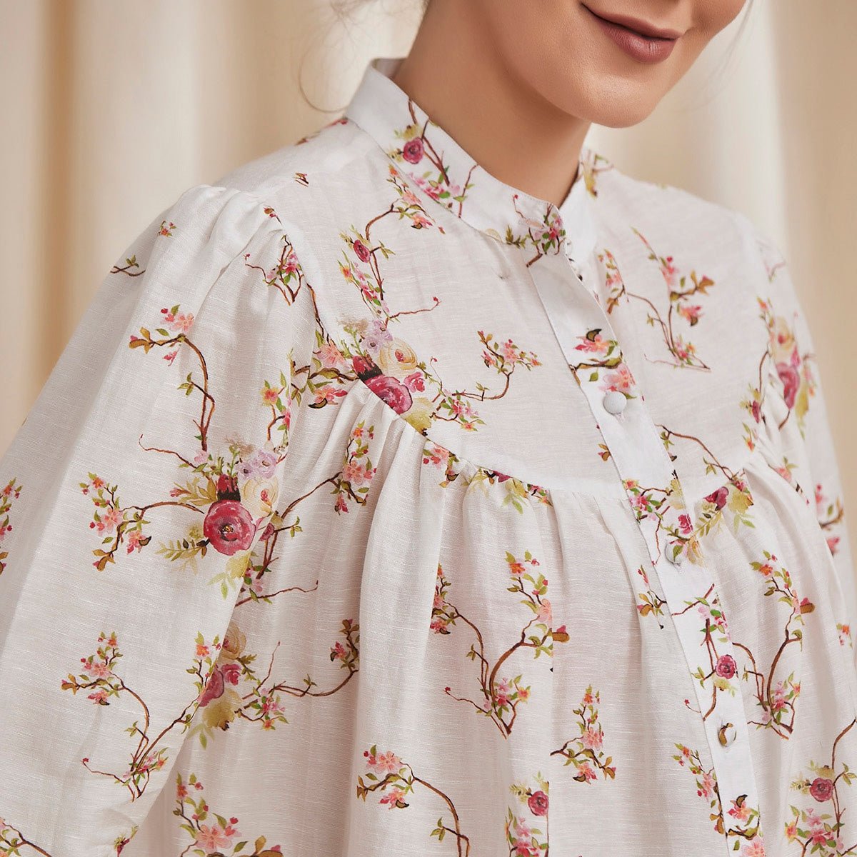 Erica - Floral Printed Bemberg Linen Shirt - White