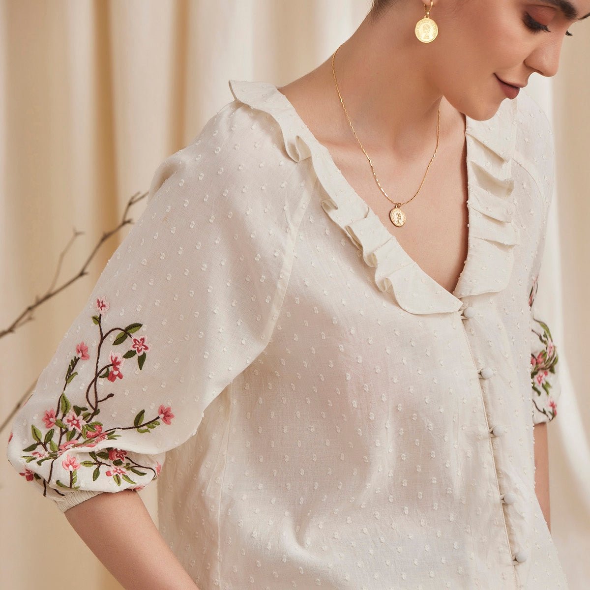 Fiona - Organic Cotton Blouse with Embroidered Sleeves - Ecru