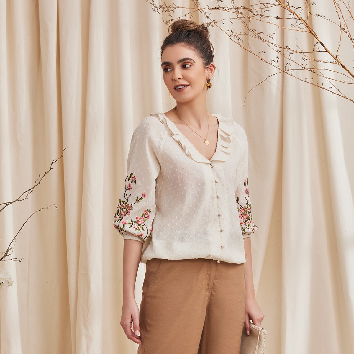 Fiona - Organic Cotton Blouse with Embroidered Sleeves - Ecru