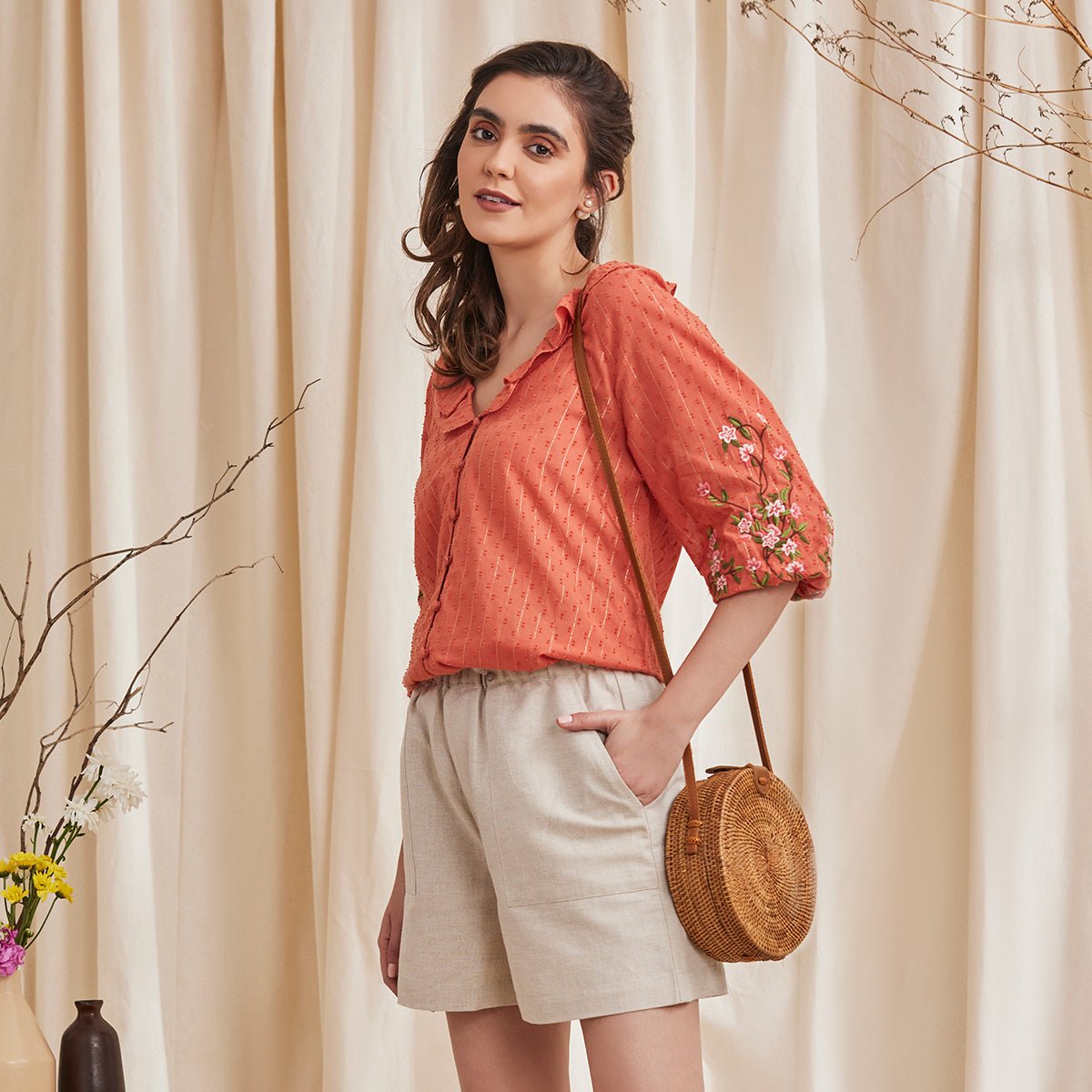 Fiona - Organic Cotton Blouse with Embroidered Sleeves - Orange