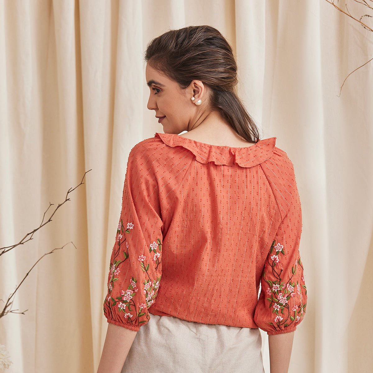 Fiona - Organic Cotton Blouse with Embroidered Sleeves - Orange