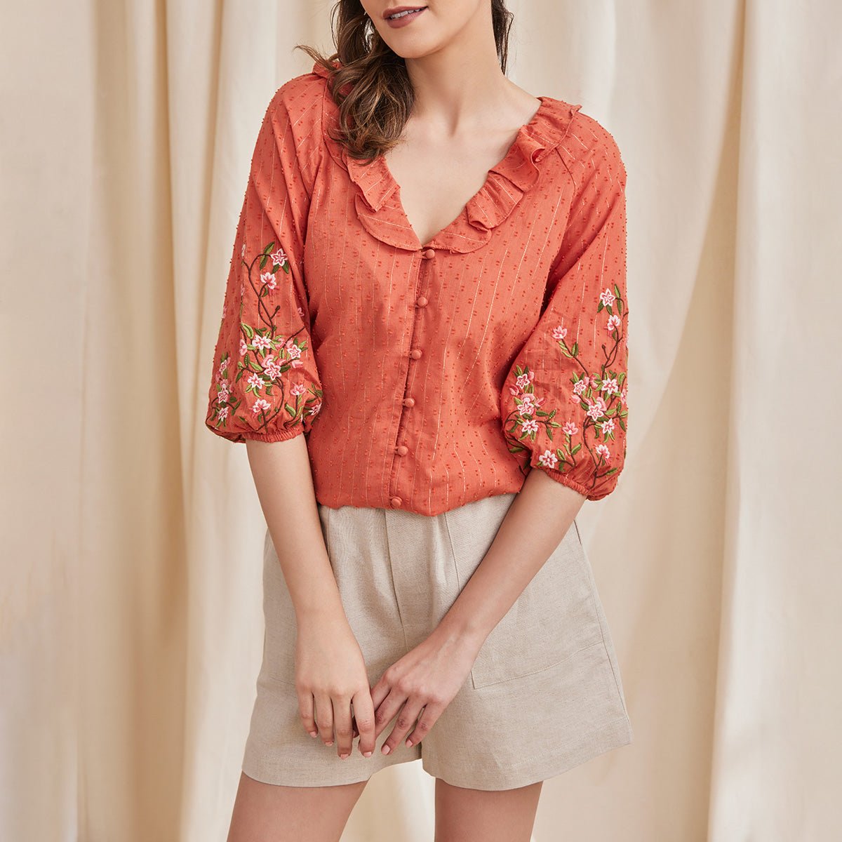 Fiona - Organic Cotton Blouse with Embroidered Sleeves - Orange