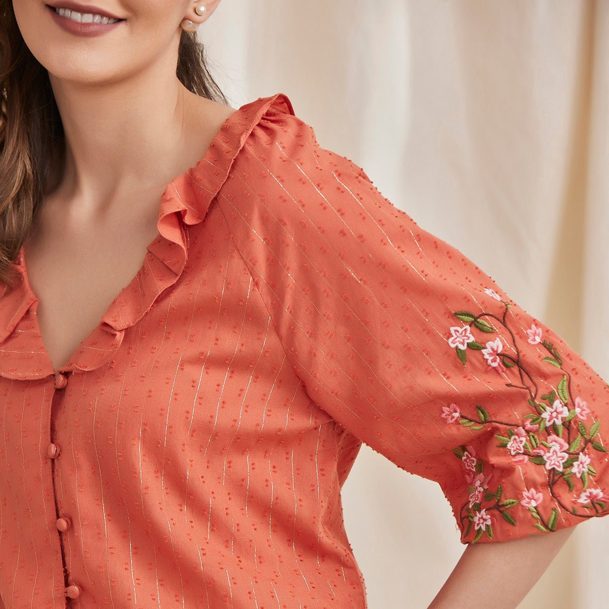 Fiona - Organic Cotton Blouse with Embroidered Sleeves - Orange