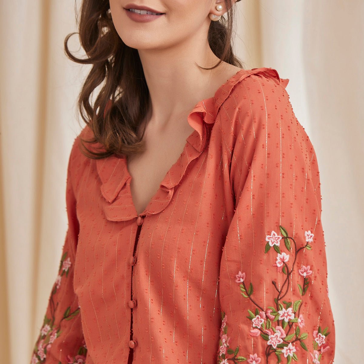 Fiona - Organic Cotton Blouse with Embroidered Sleeves - Orange