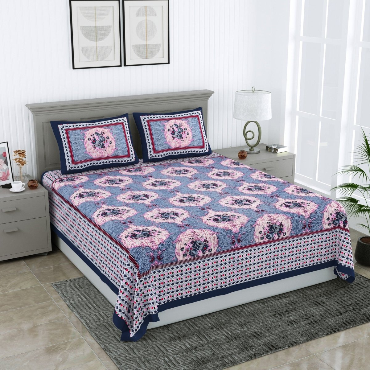 Jaipuri Hand Printed Queen Size Cotton Blue Bedsheet with Pillow Covers