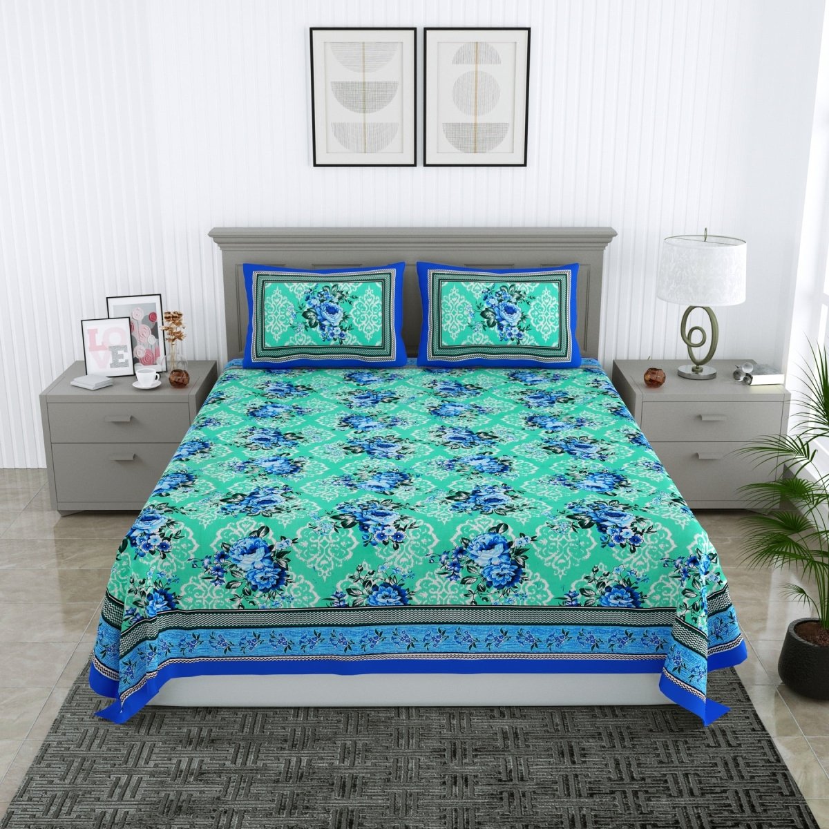 Jaipuri Hand Printed Queen Size Cotton Blue Bedsheet with Pillow Covers