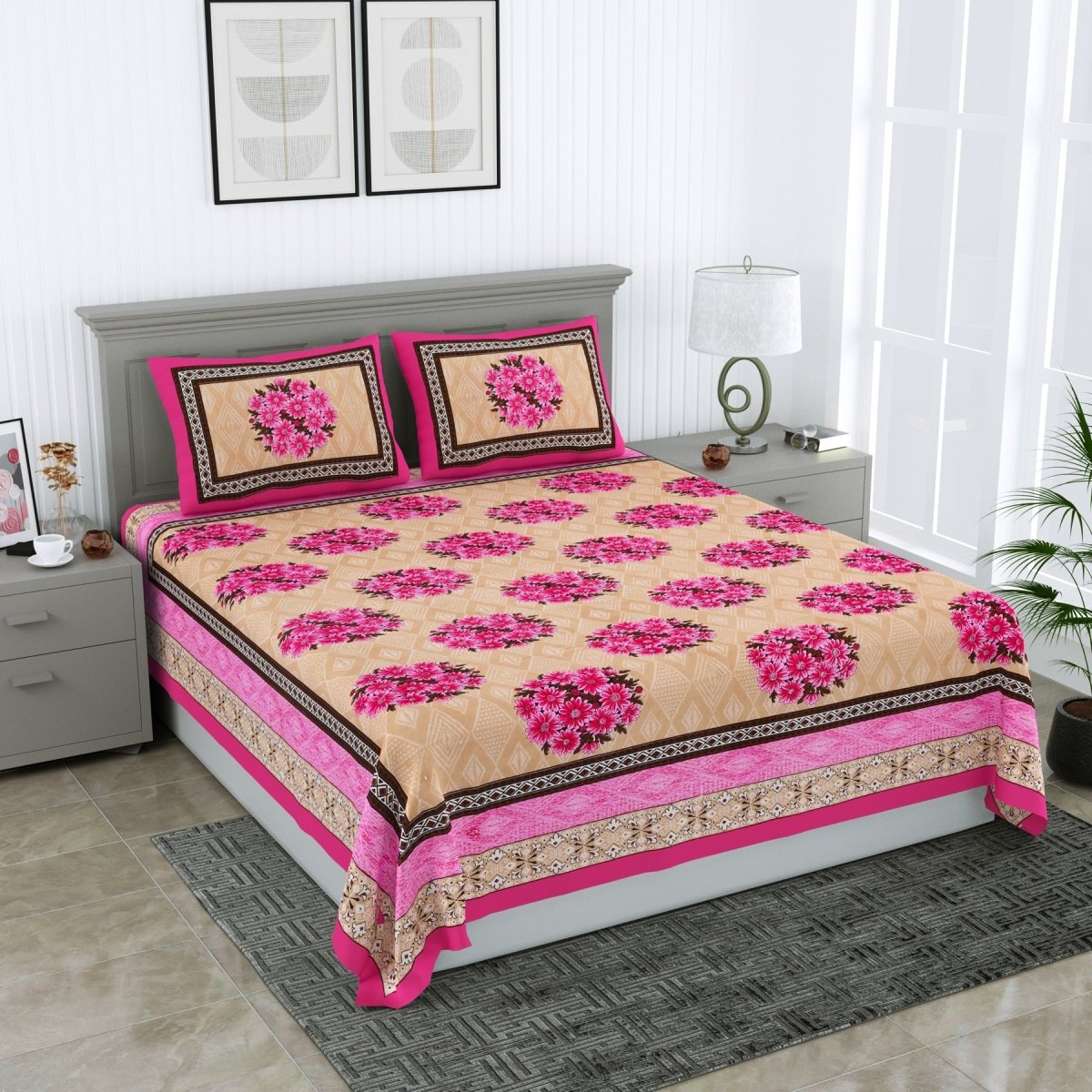 Jaipuri Hand Printed Queen Size Cotton Blue Bedsheet with Pillow Covers