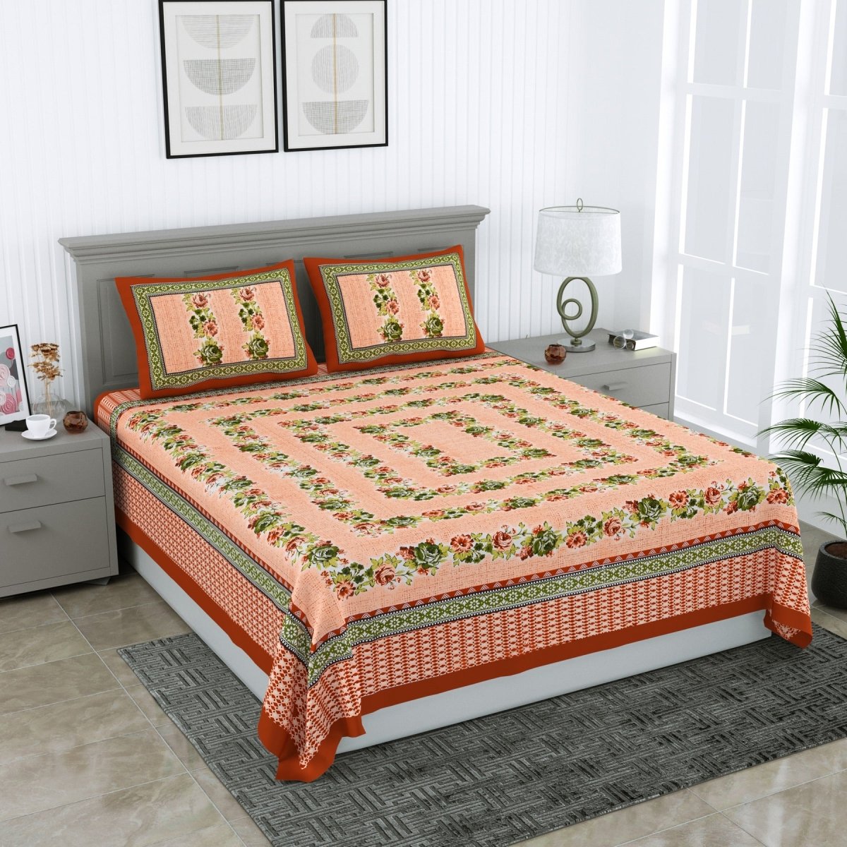Jaipuri Hand Printed Queen Size Cotton Green Bedsheet with Pillow Covers