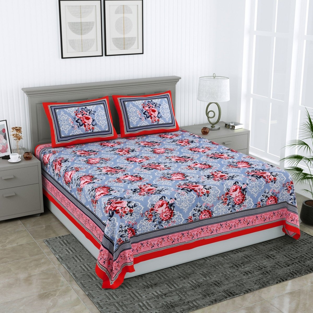 Jaipuri Hand Printed Queen Size Cotton Grey Bedsheet with Pillow Covers