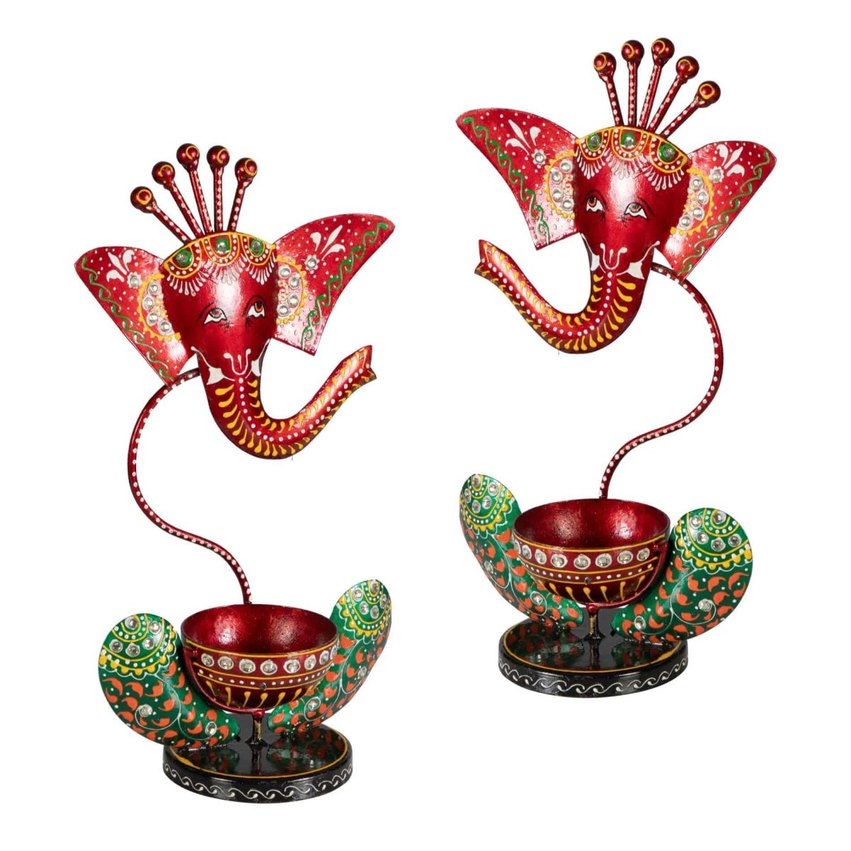 Ganesha Handcrafted Metallic Tea Light Holder Set - Auspicious Red-T-Light Set of 2