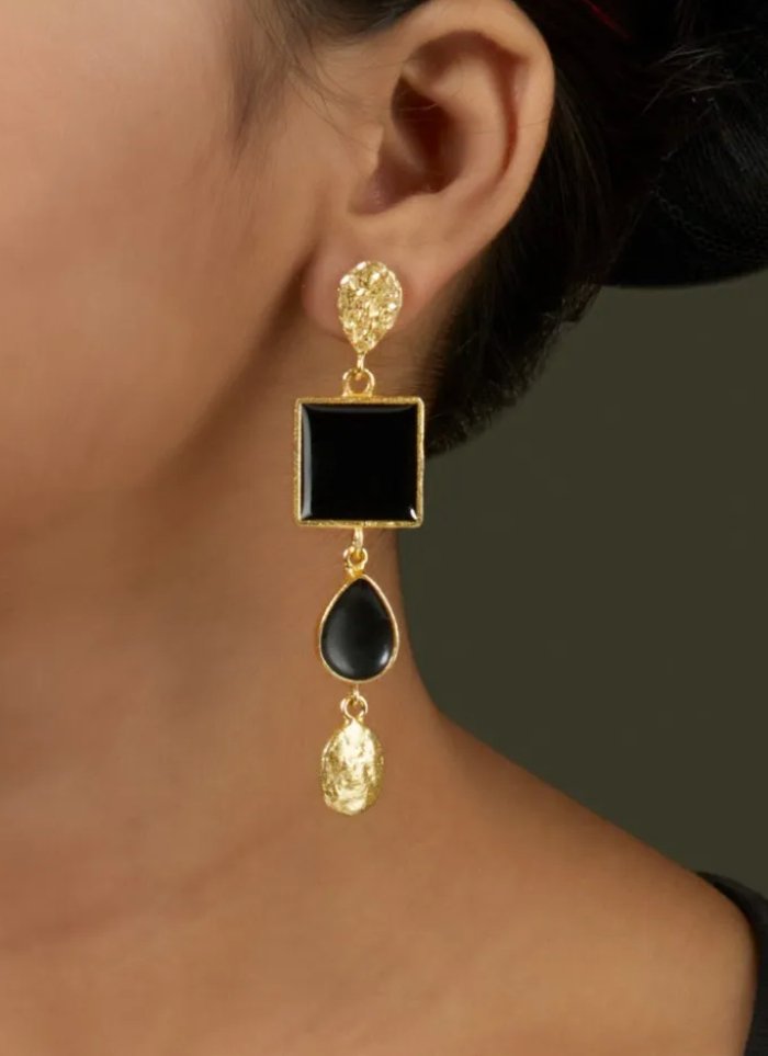 Gold Plated Brass Earrings with Black Enamelling