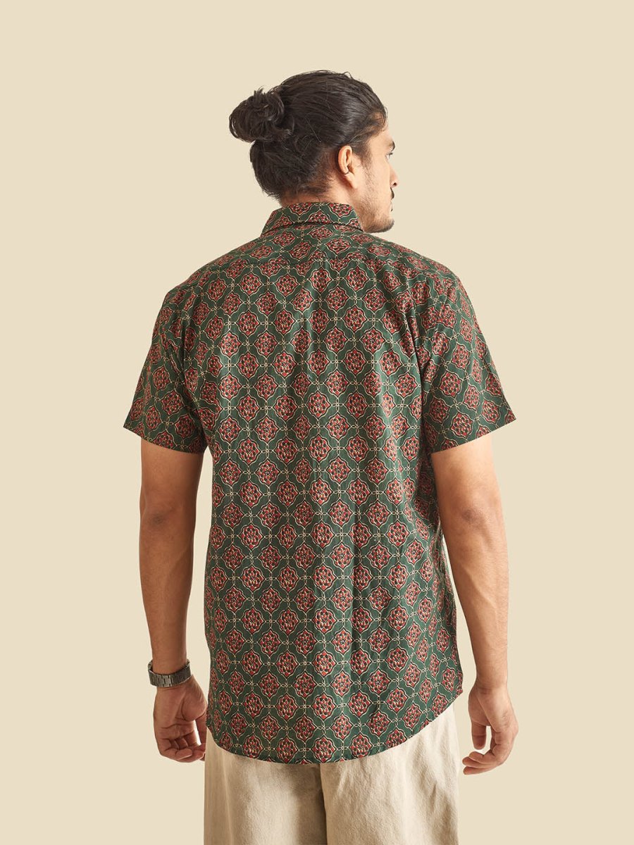 Green Ethnic Printed Festive Halfsleeves Cotton Shirt