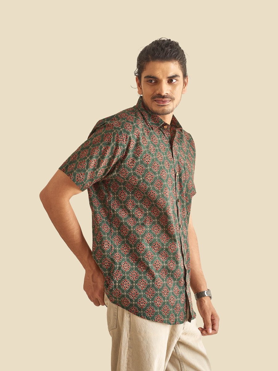 Green Ethnic Printed Festive Halfsleeves Cotton Shirt