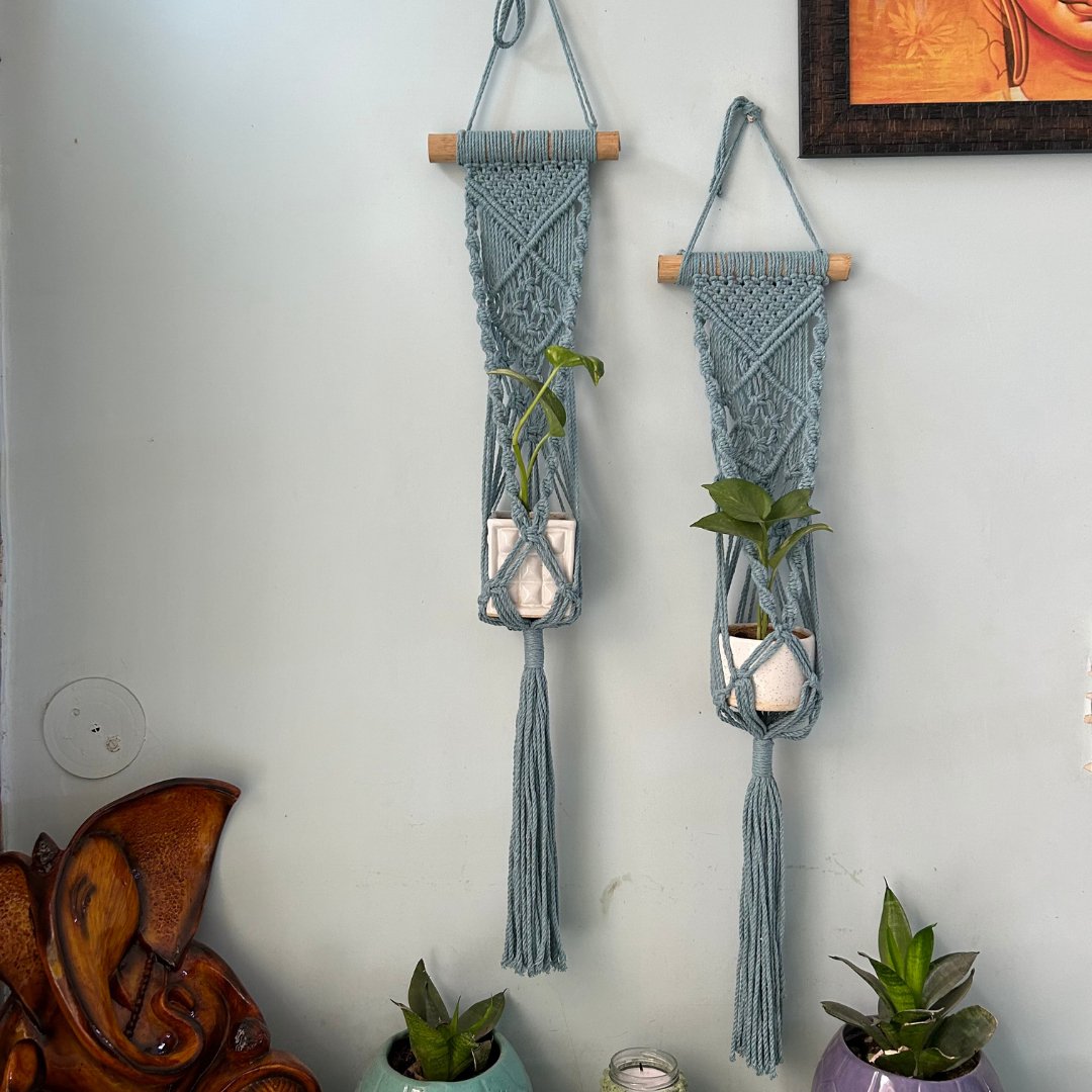 Grey Macrame Plant Holder - Set of 2