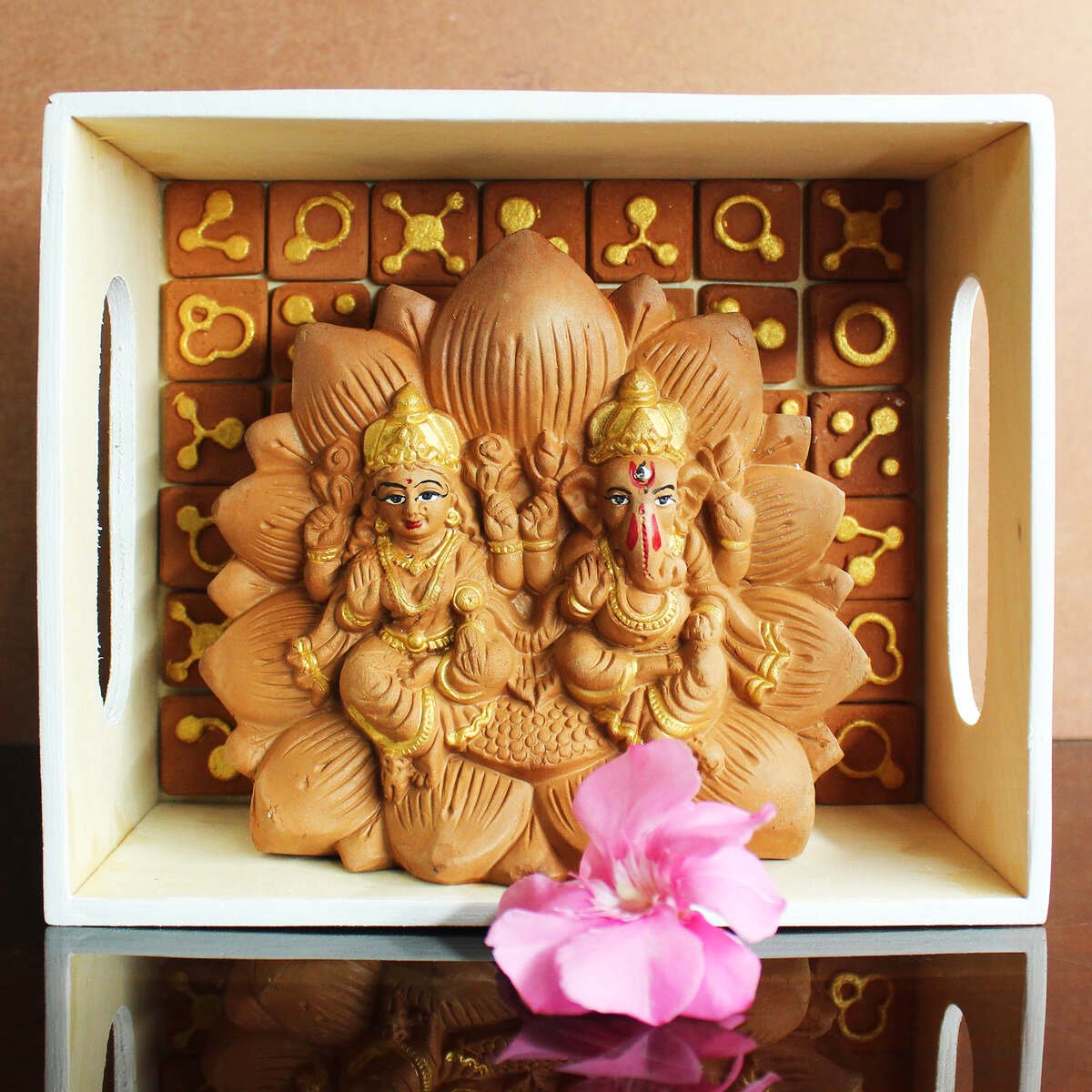 Hancrafted Terracotta Laxmi & Ganpati Lotus Idol- (S)