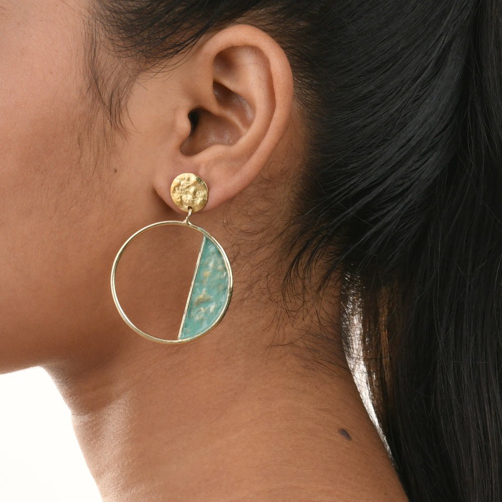 Handcrafted Brass Sea Green Circle Stud Earrings