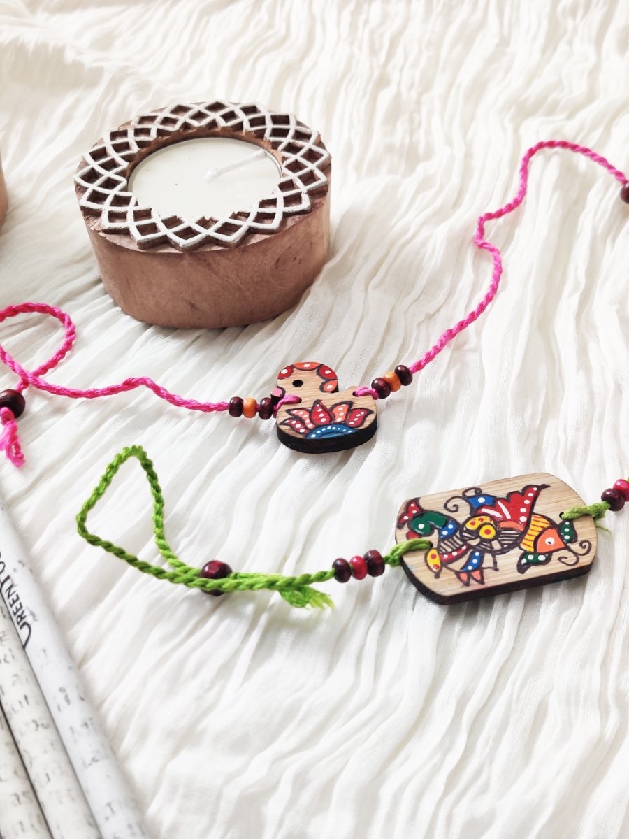 Handcrafted Natural Bamboo Rakhis | Folkart | Handpainted | Pack of 2