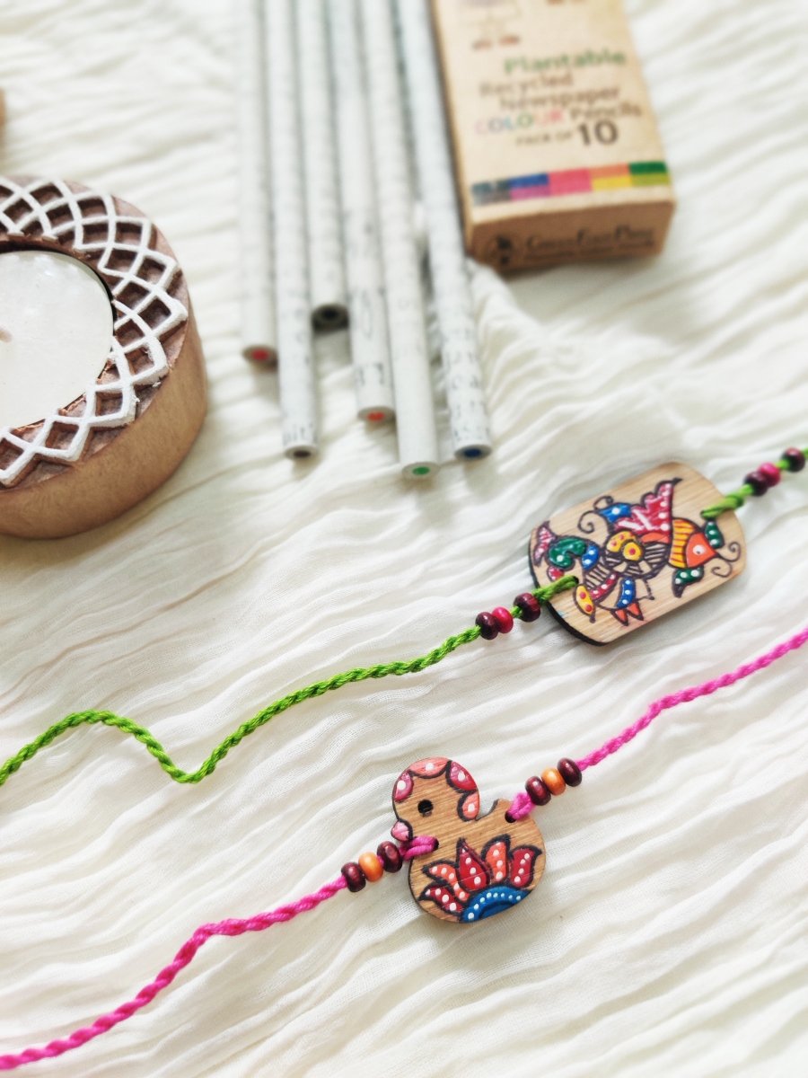 Handcrafted Natural Bamboo Rakhis | Folkart | Handpainted | Pack of 2
