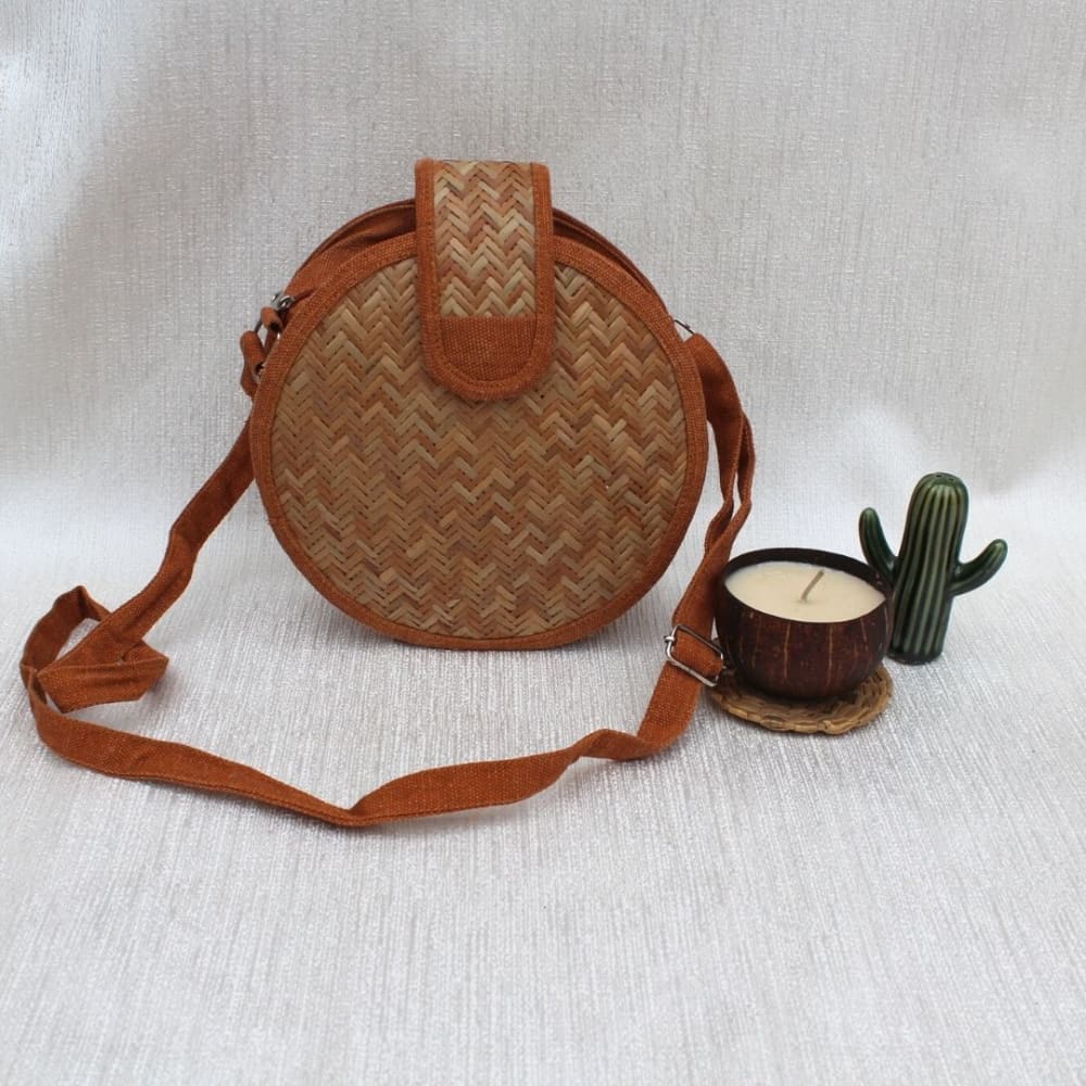 Handcrafted Round Shital Pati & Jute Sling Bag