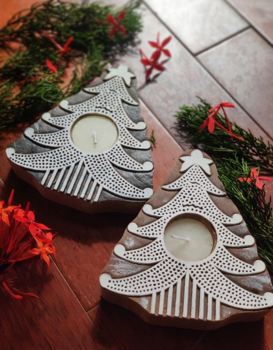 Handcrafted Wooden Christmas Tealight Candle Holders - Set of 2 | Xmas Trees