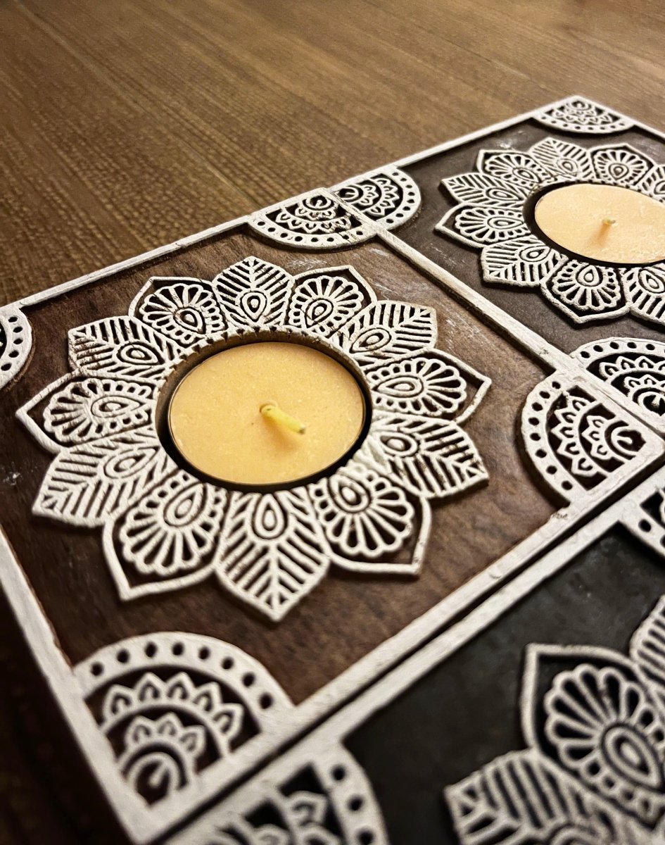 Handcrafted Wooden Diya | Tea light holders | Square Rangoli Design