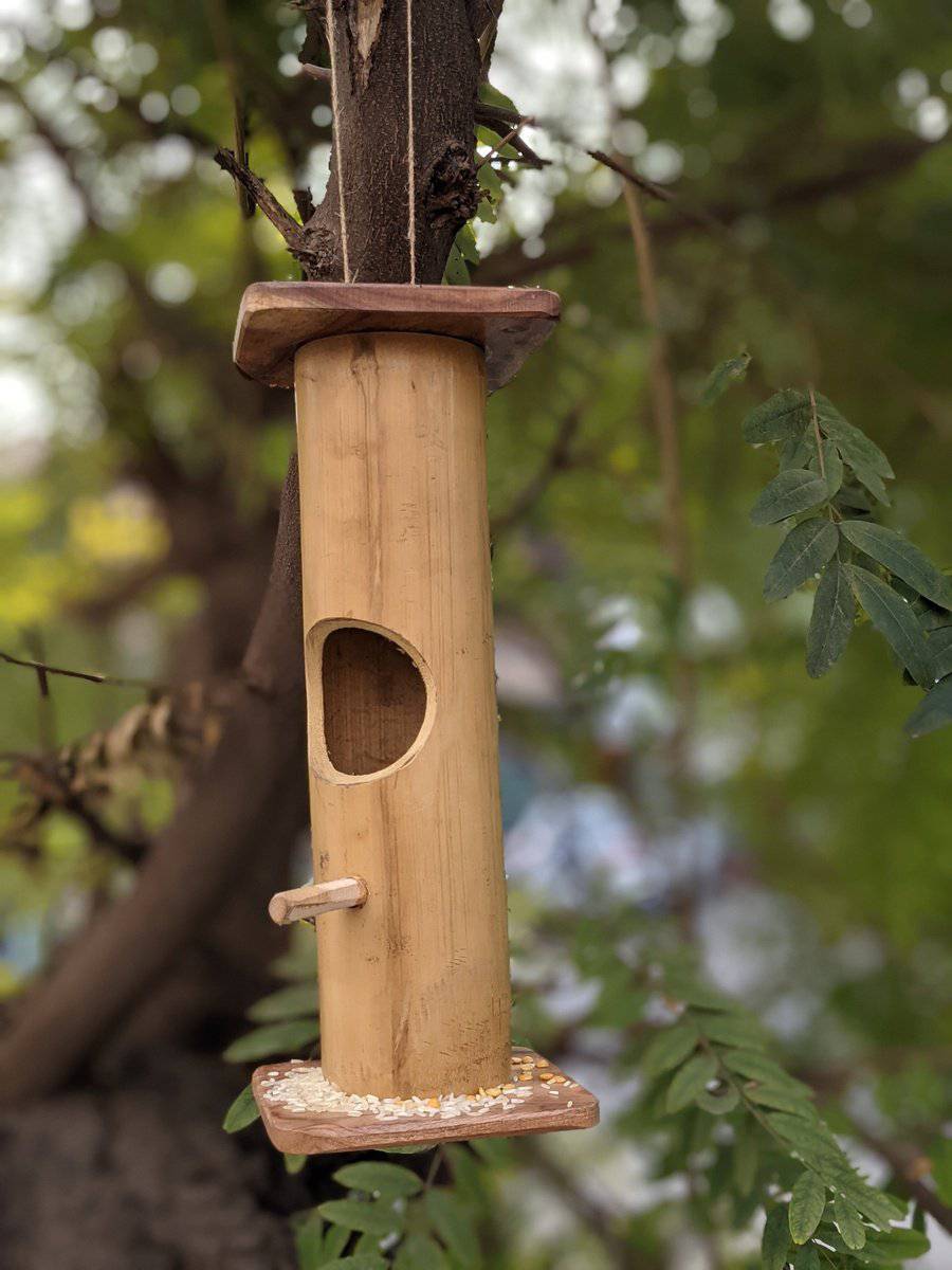 Handmade Bamboo Bird Feeder with Hanging Rope