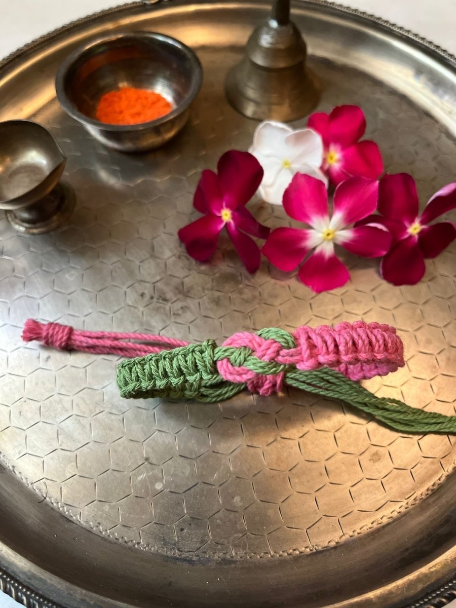 Handmade Infinity Rakhi Off Green and Pink