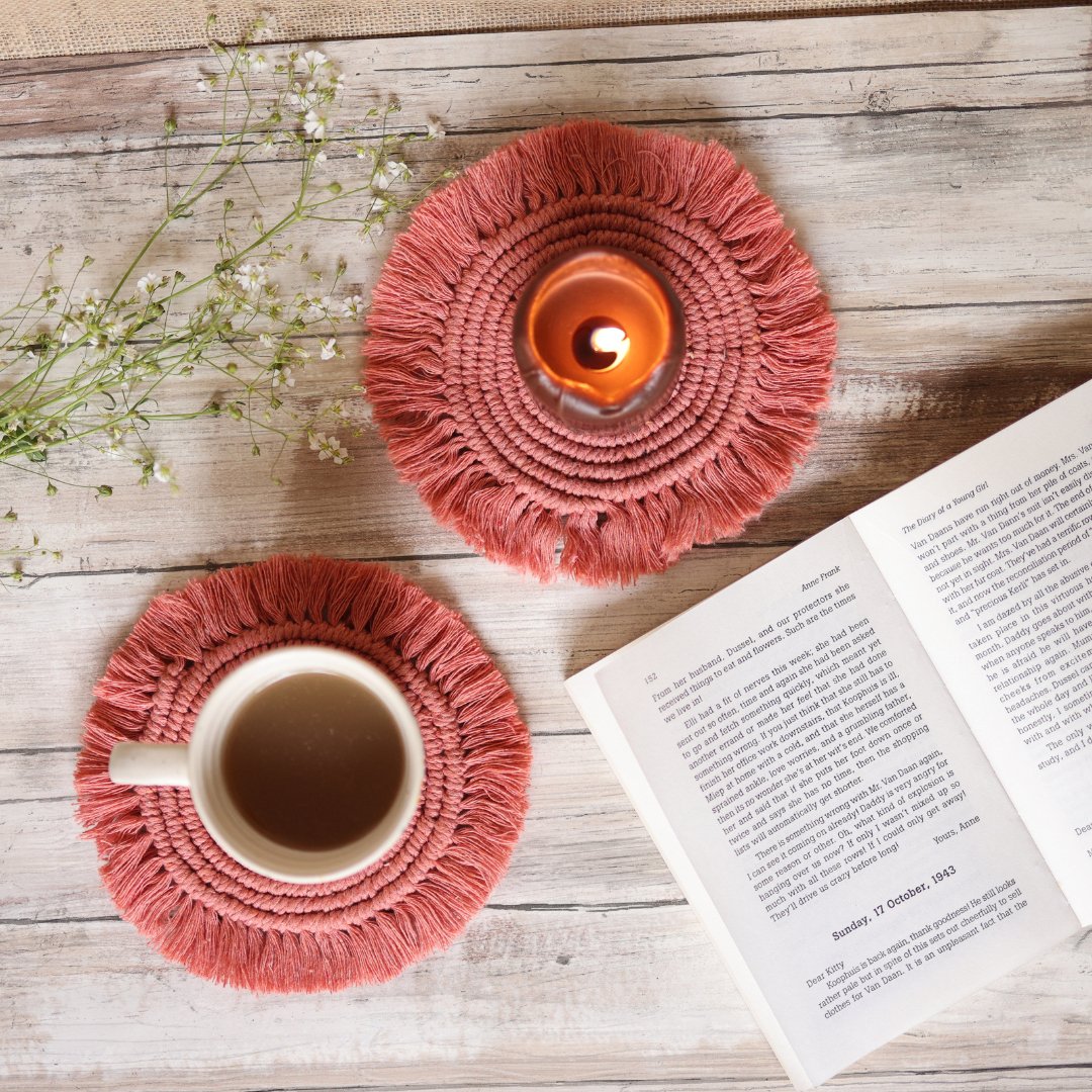 Handmade Macrame Peach Table Coasters - Set of 2