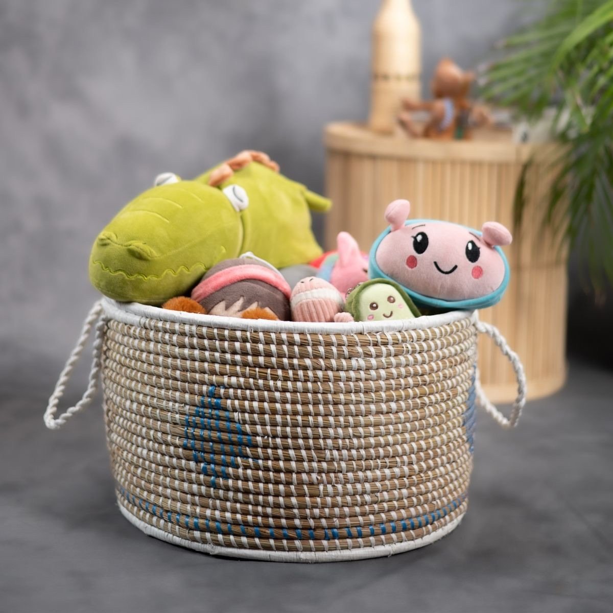 Handmade Moonj Grass Declutter Basket - Indigo-Diamond