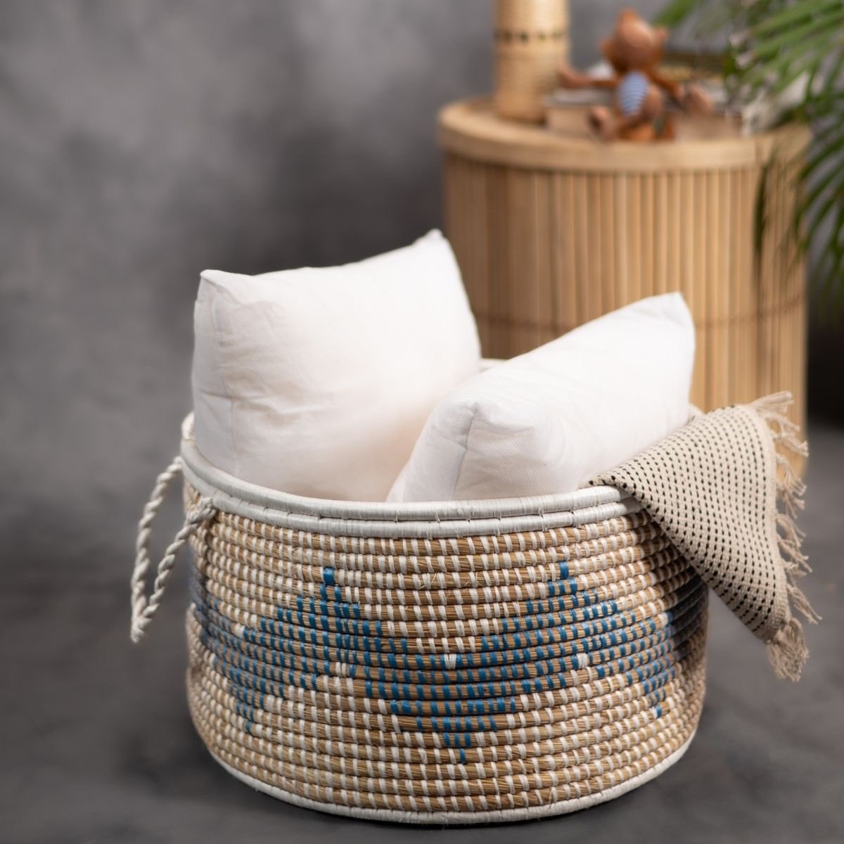 Handmade Moonj Grass Declutter Basket - Indigo-Wave