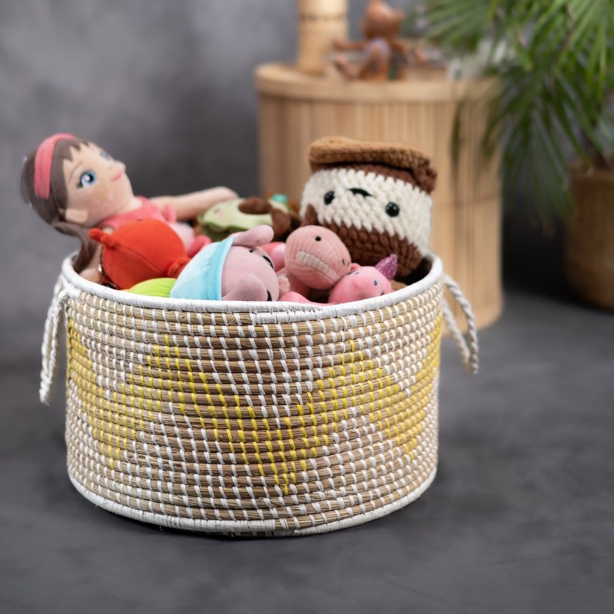 Handmade Moonj Grass Declutter Basket - Yellow-Wave