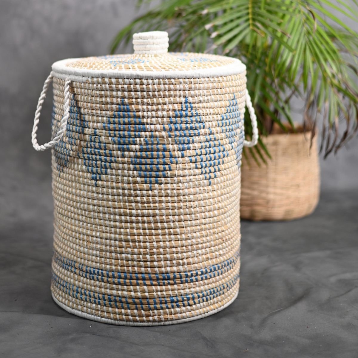 Handmade Moonj Grass Laundry Basket - Indigo-Diamond