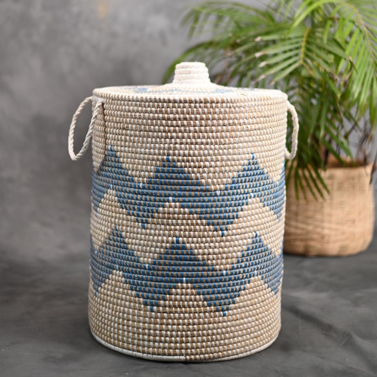 Handmade Moonj Grass Laundry Basket - Indigo-Wave