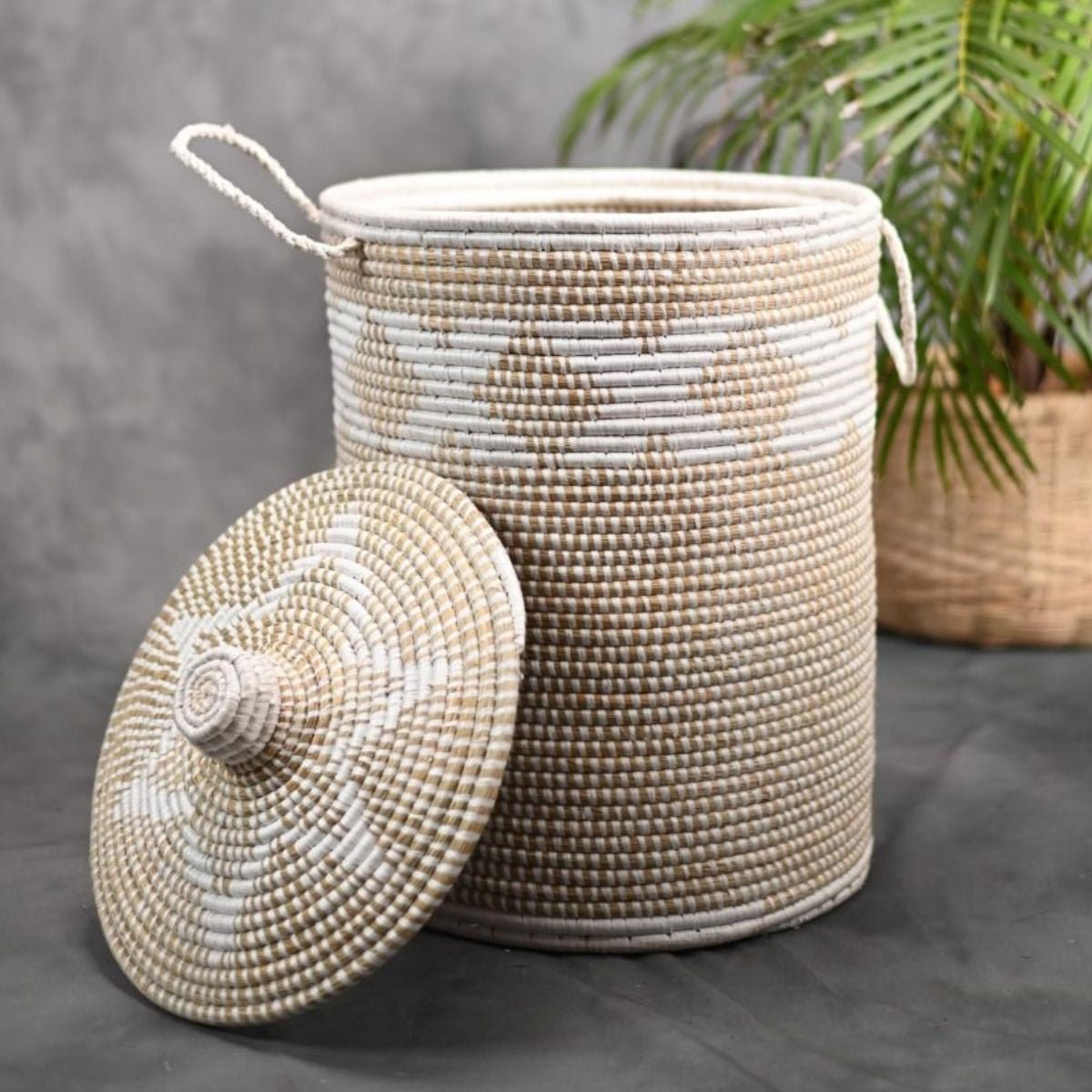 Handmade Moonj Grass Laundry Basket - White-Cross