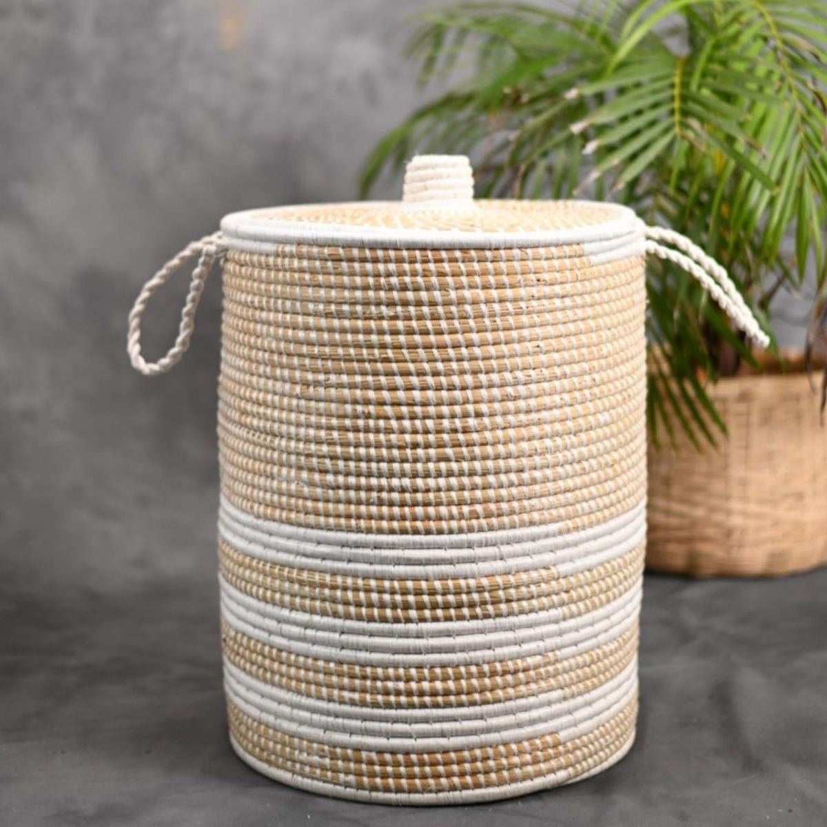 Handmade Moonj Grass Laundry Basket - White-Line