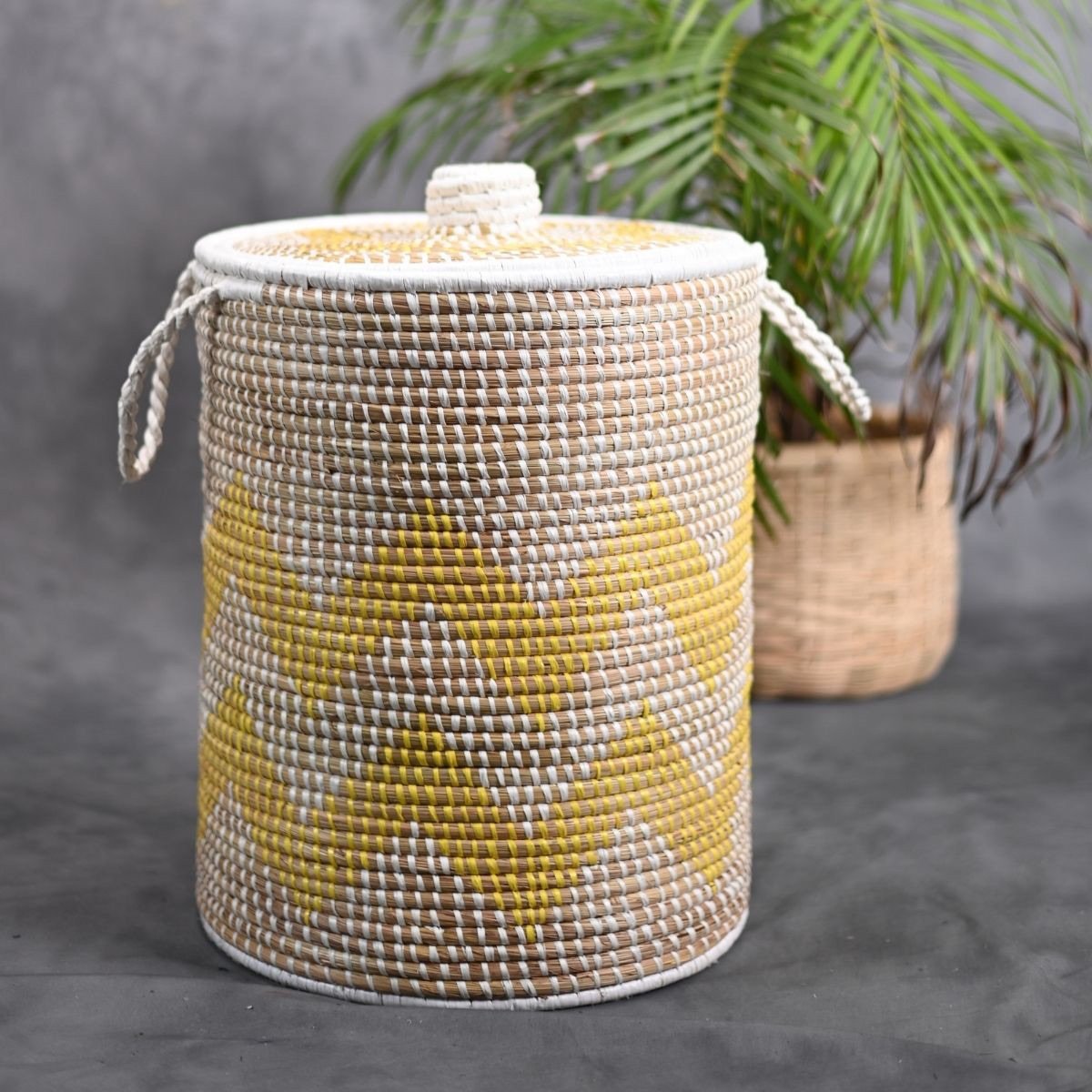 Handmade Moonj Grass Laundry Basket - Yellow-Wave