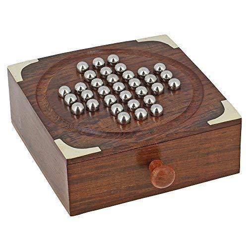 Handmade Indian Wooden Solitaire Board Game with Steel Beads